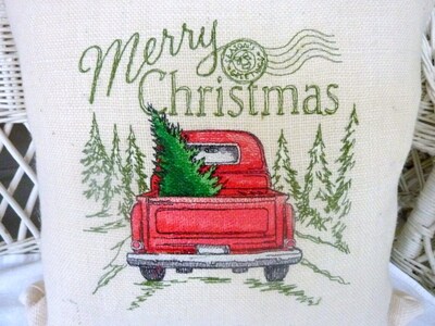 Burlap Christmas pillow, Embroidered Red Truck pillow cover - image1